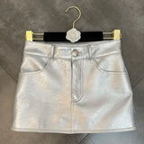 2022 Summer New Collection Single Button Silver Pu Slim Short Mini Bodycon Skirt Women