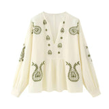 Spring V-Neck Lantern Sleeves National Style Embroidery Shirt Trend