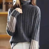 Winter High Collar Loose Casual Patchwork Sweater Top Women Thick Warm All-match Knitting Jumper Ladies Vintage