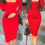 Women Sexy Off Shoulder Long Sleeve Bodycon Slim Midi Dress Evening Party Autumn