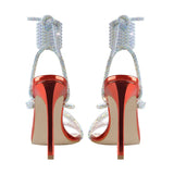 Onlymaker Women's Summer Crystal Lace-Up Stiletto High Heel Sandals Multicolor Square Toe Cross Strap PVC Bling