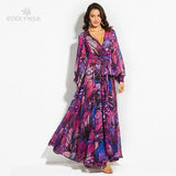 Leaf Printing Deep V-Neck Dress 2022 Spring/Autumn Women Beachwear Plus Size Half Sleeve Side Split Long Dresses