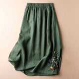 Vintage Cotton Linen Skirt Women Summer High Waist Embroidery Print A Line Midi Skirts Fashion Solid Loose Casual