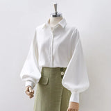 Basic White Elegant Blouses Women Office Ladies Shirt Lantern Sleeves Spring Autumn 2021 Fashion Button Up Shirts