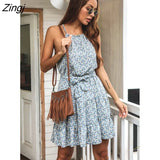 Women Summer Dress Sexy Spaghetti Strap for Women New Hanging Neck Strap Print Dress Female Floral Mini Beach Dress