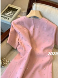 Mini Dresses For Women Luxury Diamond Pink Short Sleeve O Neck Dresses Office Ladies Elegant Slim Dresses Women