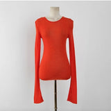 See Through High Quality Plain T Shirt Women Cotton Elastic Basic Long Sleeve Sheer Slim Ladies T-Shirt Korean Style