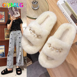 winter new net red hairy slippers for women's outer wear flat-bottomed slippers, wild thick-soled Korean hairy