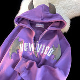 Retro Little Devil Embroidered Zipper Hoodie Women Y2K Street Fashion Trend Joker Sweatshirt Couple Casual Loose