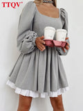 Elegant Gray Square Collar Dresses For Women 2022 Autumn Lantern Sleeve Cascading Ruffle Dresses Fashion Patchwork