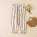 Vintage Cotton Linen Pants Women Elastic Lace Flower Embroidered Casual Harem Pants Loose All Match Bloomers