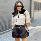 Fashion Women Sweaters Sweet Patchwork Ruffled Knitted Sweater Vintage Peter Pan Collar Pull Femme Winter Pullovers