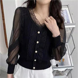 Summer Lace Patchwork Buttons Elegant Fashion Pullover Blouse Femme Oversized Long Perspective Sleeve All-match Shirt