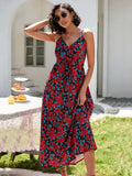 Summer Boho Elegant Party Dress Women V Neck Print Maxi Long Dress Spaghetti Strap Flower Dresses for