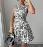 French Elegant Floral Print Sleeveless Bundle With Mini