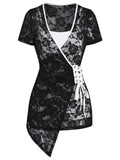 Lace Wrap Top And Plain Camisole Short Sleeve Two Piece Set Rose Flower Gothic Style New Fashion Femme