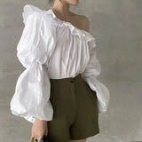 Vintage Elegant White Shirts Women Sexy Skew Collar Off Shoulder Folds Puff Sleeve Chic Blouses Korean Ruffles Loose