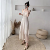Knitted Camis Dress Women Korean Fashion Slim Mesh A Line Long Dress Female Elegant Sleeveless Elastic Base Sundress