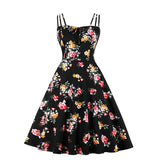 Front A Line Vintage Elegant Floral Party Flare Dress Women Summer Spaghetti Strap Shirred Back Cotton Retro Dresses