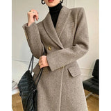Vintage Long Wool Coat Women Elegant Blazer Woolen Jackets Korean Slim Suit Overcoat Winter Office Lady Simple Outwear