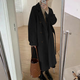 Women Double Breasted Loose Woolen Coat Lapel Collar Long Sleeves Solid Women's Casual Oversize Autumn Winter