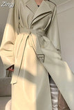 Spring Autumn Long Faux Leather Trench Coat for Women Belt Double Breasted Luxury Elegant Fashion