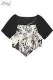 Hem Short Sleeve Crop Top Women's Y2k Patchowork Fake 2 Piece Tee Summer 2023 Vintage Sexy Club Party Costume