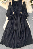 Vintage Purple/Green/Orange Women Draped Long Dress Elegant Ruffle Collar Hollow Out High Waist A-Line Vestidos