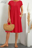 Neck Elegant Simple Short Sleeve Dress Summer Fashion Casual Dress for Women Cotton Linen Dresses 2023 Office Lady Robe