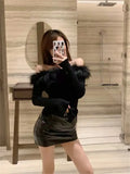 Women Pullover Neck Fur Patchwork Sweater Sexy Strapless Long Sleeve Knitted Tops 2022 Autumn Winter Female