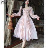 Autumn Vintage Party Midi Dress Women Pink Fairy Korean Style Sweet Dress Female Bubble Sleeve Elegant Evening Party