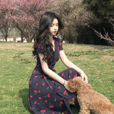 Vintage Dress Women Cherry Print Short Sleeve A Line Midi Dress Vacation Beach Female Elegant V Neck Slim Chiffon