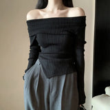 Elegant Slash Neck Sweaters Women Irregular Split Knitted Jumpers Korean Slit Solid Basic Slim Pullovers Autumn