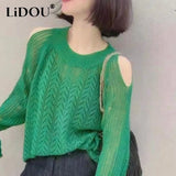 Autumn Solid Hollow Out Sexy Off Shoulder Sweaters Ladies Long Sleeve Loose Casual Knitting Pullover All-match Top
