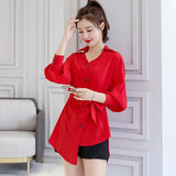 Ladies Casual Lace-up Bowknot Long Sleeve Shirt Single-breasted Elegant POLO Collar Asymmetrical Hyun Ya Tunic