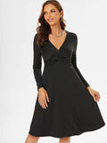 Waist Front Ruched A Line Dress Front Twist Long Sleeve Black LBD Little Black Women