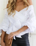 Harajuku Shirts White Blouse Off Shoulder Tops Sexy Solid V-Neck Fashion Women Blouse and Tops Y2K Clothes