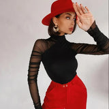 Zingj Women's Sexy Gauze Splicing Long Sleeve Slim Slim Temperament Elegant Wind Joined Suit