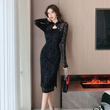 Sexy Black Lace Long Sleeve Midi Dresses Women 2023 Spring Autumn Korean Elegant Fashions Evening Party Female