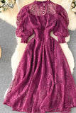 Women Lace Dress Spring Autumn Stand Collar Puff Sleeve High Waist Party Robe Female Elegant Green/Purple Midi