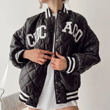 Women Argyle Letter Embroidery Down Jacket Quilted Coat Casual Streetwear Outerwear Lined Coat Padded Bomber Jackets
