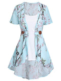 Spring New Asymmetric Twinset Peach Blossom Print Irregular Blouse And Camisole Set Fashion Female Short Sleeve Chic