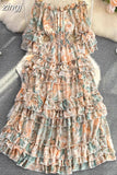 Vintage Floral Ruffle Chiffon Long Dress Women Sexy Slash Neck Off Shoulder Flare Sleeve High Waist A-Line Beach