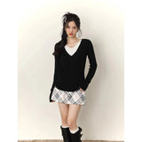 New Autumn Winter Korean Style Knitted Sweater Chic Sexy Women Fake Two Pieces V-Neck Long Sleeve