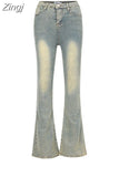 Fly High Waist Jeans American Vintage Slim Fit Washed Distressed Y2k Flare Denim Pants Women Pantalones