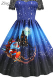 Christmas Costume Party Dress Women Short Sleeve Lace Vintage Winter Dress Robe Elegant Xmas Evening