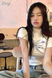Waist Short Sleeve Y2K Print White Camisetas Half High Collar Tshirt Crop Tops Sexy Tshirts Y2k Women Tees Harajuku