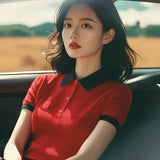 Splicing Bump Color Collar Knitting Shoulder Short-Sleeved T-Shirt Vertical Texture Thin Summer Women's Korean