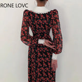 Women Elegant Vintage Puff Sleeves All Over Print with Disty Floral High Silt Maxi A-line Chiffon