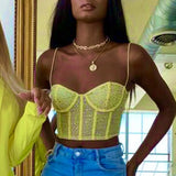 see through black Rhinestone tank top corset crop top women summer party y2k mesh halter top clubwear cute womens tube